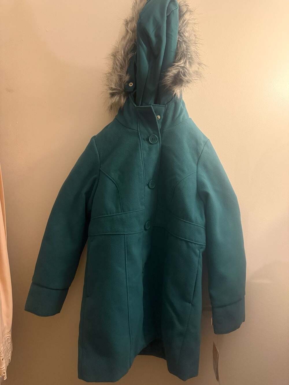 Cat & Jack Girls' Solid Faux Fur Hooded Pea Coat in Dark Green